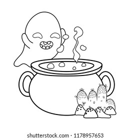 outline funny ghost character and pot cauldron