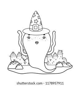 outline funny ghost character with witch hat