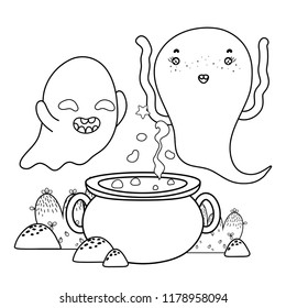 outline funny ghosts cooking pot cauldron