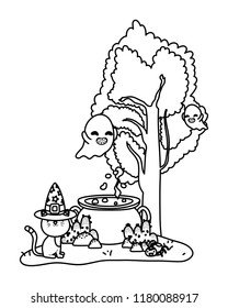 outline funny ghosts with hat wearing hat
