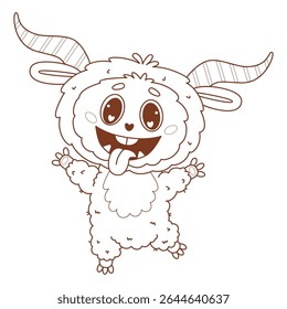 Outline Funny Monster with tongue out. Cute Cartoon kawaii horned Character. Line drawing, coloring book. Vector illustration. Kids collection. Not AI