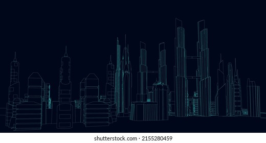 Outline of a futuristic city from blue lines isolated on a dark background. Vector illustration.