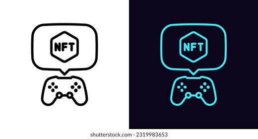 Outline game controller icon, with editable stroke. Gamepad and bubble message with NFT sign, gaming token. NFT game, virtual gaming cryptocurrency, digital token transaction in games. Vector icon