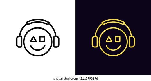 Outline gamer icon, with editable stroke. Emoticon gamer sign with headphones, esports geek logo. Gaming emoji, esports emoticon, console video games. Vector icon, sign, symbol for UI and Animation
