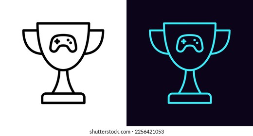 Outline gaming cup icon, with editable stroke. Award cup with gamepad sign, esports winner joystick. Cybersport reward, game achievement, champion trophy, victory triumph, prize award. Vector icon