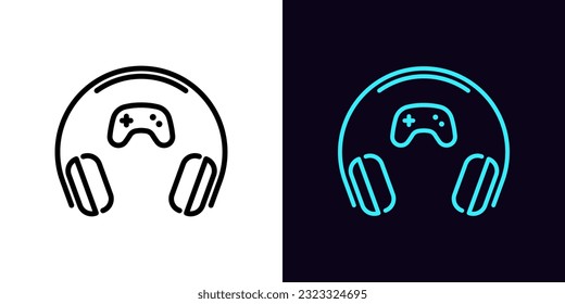 Outline gaming headphones icon, with editable stroke. Wifi headset with gamepad sign, wireless headphones for play games. Portable wifi earphones for esport gamers and game station. Vector icon