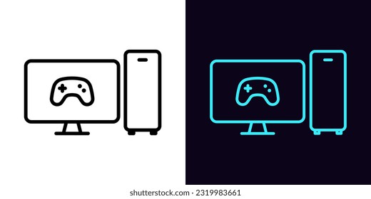 Outline gaming pc icon, with editable stroke. System unit and monitor screen with game controller sign, computer with gamepad pictogram. Game PC system, high gaming performance and power. Vector icon
