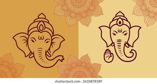 Outline Ganesha Head Icons with Mandala Background - Ganesh Chaturthi Vector