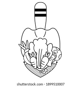 Outline garden plants logo. flat design nature and agriculture concept. Shovel spoons digging soil and vegetable. Agribusiness and gardening services. stroke, thin line. Vector, illustration