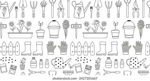 Esquema de jardinería y la siembra de patrón sin costuras. Agricultura de primavera. Herramientas de jardín, regadera, cubo, semillas, plantas, fertilizante, botas, guantes. Dibujo para colorear. Fondo, papel digital.