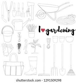Outline gardening tools set. Vector hand drawn illustration of garden elements: plants, flowers, rubber boots, cutter, cart, watering can, shovel, rake and lettering. Conceptual of Gardening