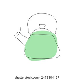 outline of a gas kettle with a whistle drawn in black with one solid line on the phone with mint-colored spots lineart