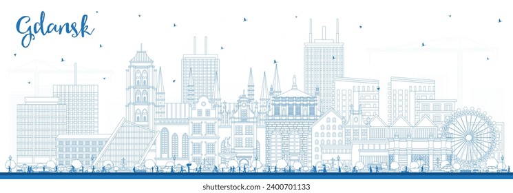 Outline Gdansk Poland city skyline with blue buildings. Vector illustration. Gdansk cityscape with landmarks. Business travel and tourism concept with modern and historic architecture.