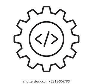 Outline gear cog wheel enclosing code brackets symbol line art icon. Web development, programming logic, backend system engineering, and tech algorithm.