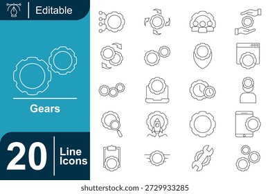 Outline gear icon set representing settings, workflow, system management, automation, and technical processes. Ideal for software interfaces, engineering concepts, support pages, and tech presentations.