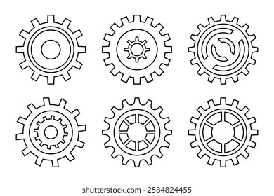 Outline gear icon set, various simple designs of black gears. Perfect for technical, mechanical, and engineering projects, black gear wheel icons, outline cogwheel silhouette, settings sign or symbol.