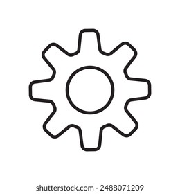 An outline gear icon shows a gear or cogwheel in simple form. It is used in user interfaces, design projects, and presentations to show settings, adjustments, or mechanical concepts.