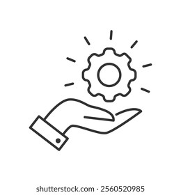 Outline gear on the palm hand icon simple flat style vector illustration on white background.