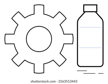 An outline of a gear and a plastic bottle in black and blue. Ideal for themes related to technology, recycling, mechanics, manufacturing, and sustainability. Minimalist, clean, modern style