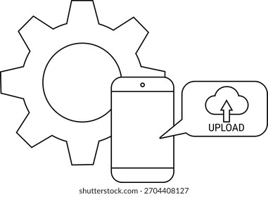 Contorno de um smartphone de engrenagem e ícone de nuvem de upload em um balão de fala