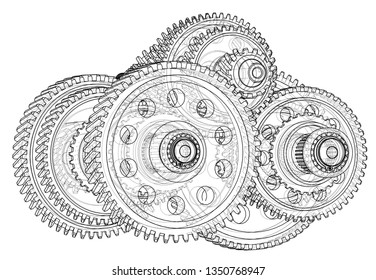 Outline gearbox concept. Vector rendering of 3d. Wire-frame style. The layers of visible and invisible lines are separated