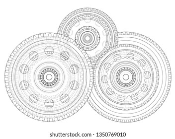 Outline gearbox concept. Vector rendering of 3d. Wire-frame style. The layers of visible and invisible lines are separated