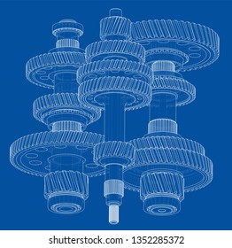 Outline gearbox concept. Vector rendering of 3d. Wire-frame style. The layers of visible and invisible lines are separated