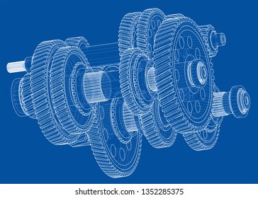 Outline gearbox concept. Vector rendering of 3d. Wire-frame style. The layers of visible and invisible lines are separated
