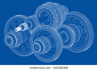 Outline gearbox concept. Vector rendering of 3d. Wire-frame style. The layers of visible and invisible lines are separated