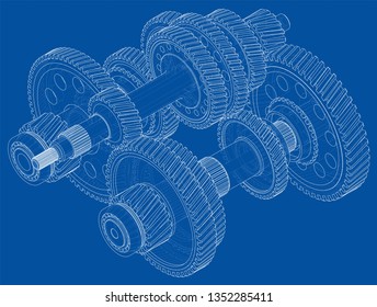 Outline gearbox concept. Vector rendering of 3d. Wire-frame style. The layers of visible and invisible lines are separated