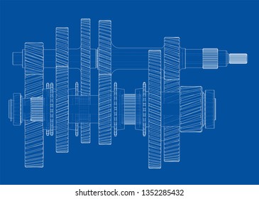 Outline gearbox concept. Vector rendering of 3d. Wire-frame style. The layers of visible and invisible lines are separated