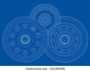 Outline gearbox concept. Vector rendering of 3d. Wire-frame style. The layers of visible and invisible lines are separated