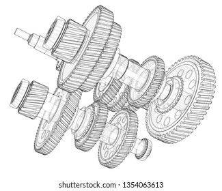 Outline gearbox concept. Vector rendering of 3d. Wire-frame style. The layers of visible and invisible lines are separated