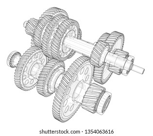 Outline gearbox concept. Vector rendering of 3d. Wire-frame style. The layers of visible and invisible lines are separated