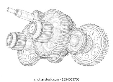 Outline gearbox concept. Vector rendering of 3d. Wire-frame style. The layers of visible and invisible lines are separated