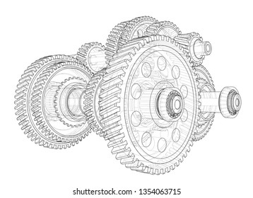Outline gearbox concept. Vector rendering of 3d. Wire-frame style. The layers of visible and invisible lines are separated