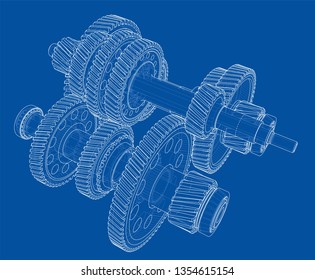 Outline gearbox concept. Vector rendering of 3d. Wire-frame style. The layers of visible and invisible lines are separated