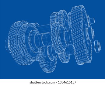 Outline gearbox concept. Vector rendering of 3d. Wire-frame style. The layers of visible and invisible lines are separated
