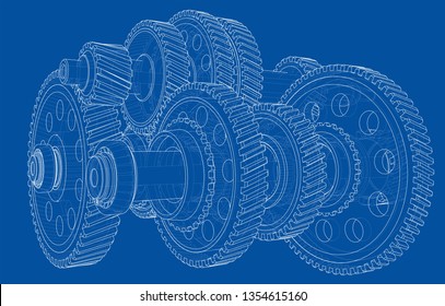 Outline gearbox concept. Vector rendering of 3d. Wire-frame style. The layers of visible and invisible lines are separated