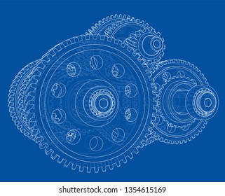 Outline gearbox concept. Vector rendering of 3d. Wire-frame style. The layers of visible and invisible lines are separated
