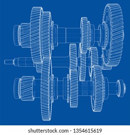 Outline gearbox concept. Vector rendering of 3d. Wire-frame style. The layers of visible and invisible lines are separated