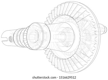 Outline gearbox. Vector rendering of 3d. Wire-frame style. The layers of visible and invisible lines are separated.