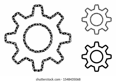 Outline gearwheel mosaic of inequal elements in different sizes and color tones, based on outline gearwheel icon. Vector uneven elements are composed into collage.
