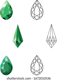 Outline gemstone set of realistic green gemstones. Multi-colored stones Green emeralds isolated on a white background.