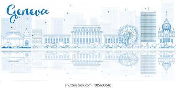 Outline Geneva skyline with blue buildings and reflections. Vector illustration. Business travel and tourism concept with place for text. Image for presentation, banner, placard and web site.