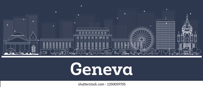 Outline Geneva Switzerland City Skyline with White Buildings. Vector Illustration. Business Travel and Concept with Modern Architecture. Geneva Cityscape with Landmarks.