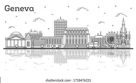 Outline Geneva Switzerland City Skyline with Modern Buildings and Reflections Isolated on White. Vector Illustration. Geneva Cityscape with Landmarks.