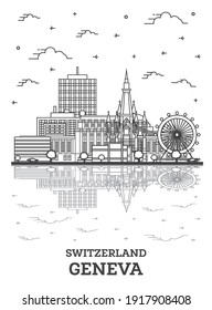 Outline Geneva Switzerland City Skyline with Modern Buildings and Reflections Isolated on White. Vector Illustration. Geneva Cityscape with Landmarks.