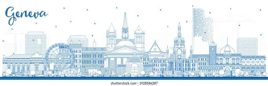 Outline Geneva Switzerland City Skyline with Blue Buildings. Vector Illustration. Geneva Cityscape with Landmarks. Business Travel and Tourism Concept with Historic Architecture.