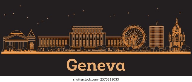 Outline Geneva Switzerland City Skyline with orange Buildings. Vector Illustration. Business Travel and Concept with Modern Architecture. Geneva Cityscape with Landmarks.